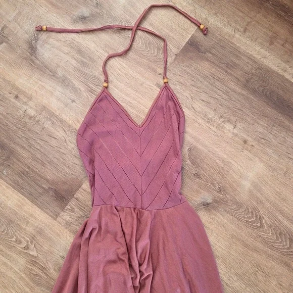 Free People Intimately Burgundy Pointelle Halter Handkerchief Hem Midi Dress - Picture 6 of 6